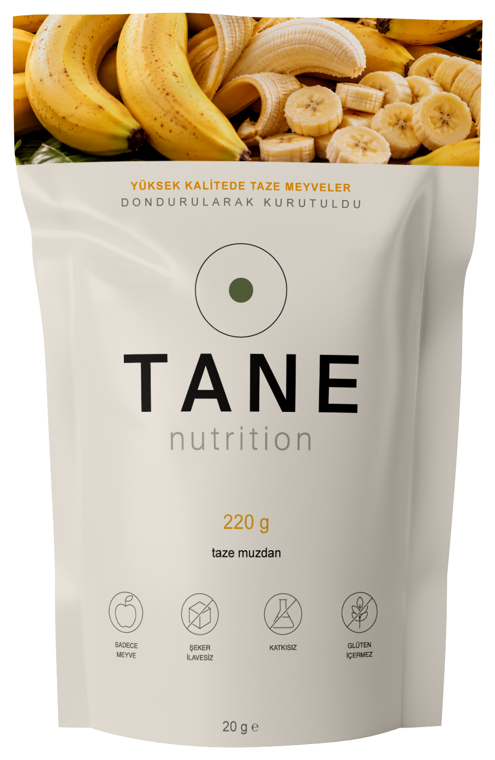 TANE Nutrition dondurularak kurutulmuş dilim muz 20 g ambalajı